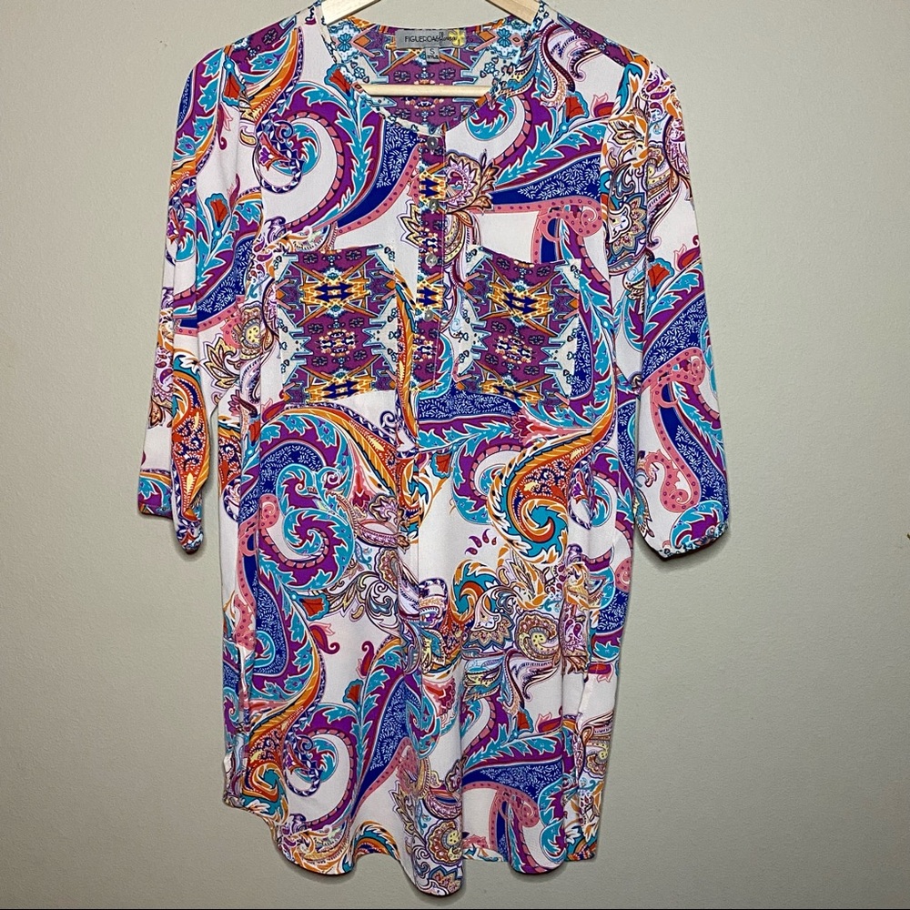 Figueroa & Flower Paisley Tunic Women Small Blue White Purple Chest Pockets